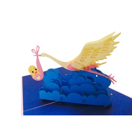 Stork carrying baby, Pop Up Card, 3D Popup Greeting Cards, for Birthday, Valentine's Day, Mothers Day, Spring, Fathers Day, Graduation, Wedding, Anniversary, Thank You, Get Well, All Occasion,6"x6"