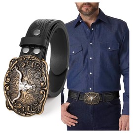 SANSTHS Cowboy Belt Men Women Floral Embossing Longhorn Western Leather Buckle Belt for Jeans Cowgirl Outfit, Langhorn Black