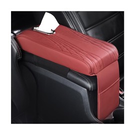 Mandark Car Center Console Cover, Leather Memory Foam Auto Armrest Cushion, Waterproof Comfortable Vehicle Arm Rest Pad with Tissue Box and Storage Bag, Universal for SUV, Truck, RV（Red）