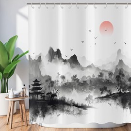 ASDCXZ Shower Curtain 180 x 200 cm, Chinese Style Ink and Washing Painting Mountain Sunset Washable Bathroom Shower Curtains Polyester Textile Waterproof Shower Curtain for Bathtub with 12 Hooks