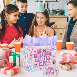 TAKEALOOKO 10th Birthday Gift Bag for Girls - In My Double Digits Party Favors Bags with Tissue Paper and Greeting Cards, Music Merch Gifts for Girls 10 Year Old Birthday