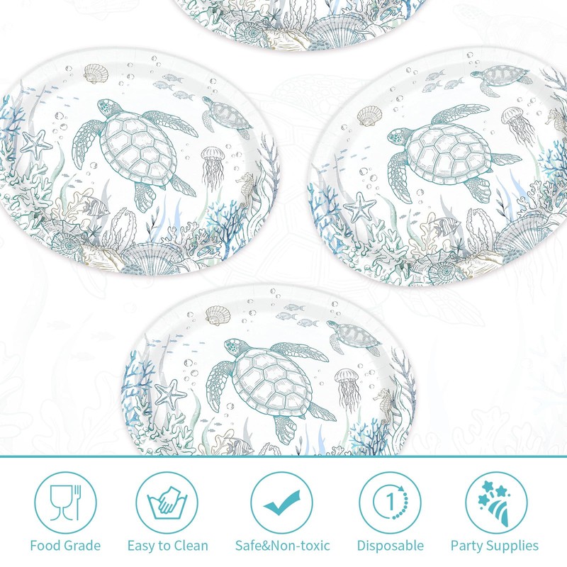 50Pcs Coastal Turtle Ocean Green Large Oval Paper Plate 12