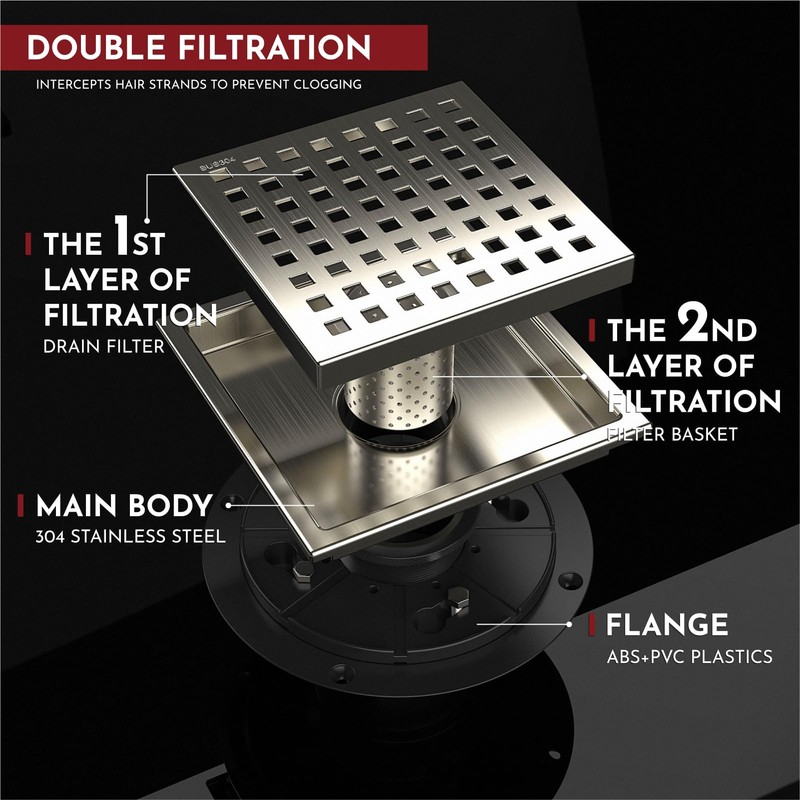 WEBANG 6 Inch Square Shower Floor Drain with Flange,Quadrato Pattern