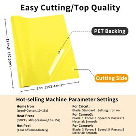 IModeur Yellow Heat Transfer Vinyl — 30.5 x 152.5 cm(12'' x 5 Ft) Iron on Vinyl for Fabric, PET Backing Yellow Vinyl for T-Shirts, Clothes, Hats, Bags and Other Textiles, HTV Vinyl Roll Easy to Weed