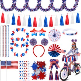 Simgoing 33 Pcs 4th of July Parade Bike Decoration Kit Patriotic Tinsel Garland Streamer Red White Blue Headband Necklace Bracelet American Flag Bow for Memorial Independence Day Bike Party Favors