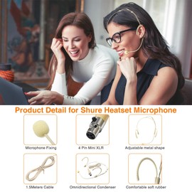 2 Pack Headset Headworn Microphone Two Earset Over Ear Hanging Mic Mini XLR 4 Pin TA4F Plug for Shure,Rubber Earhook,1.5m Cable Work for Stage,Lectures,Live Performance,Theater