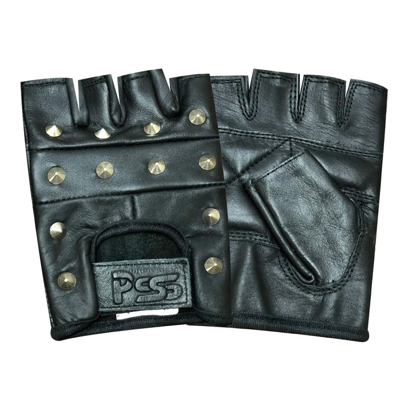 Prime Sports PrimeLeather Quality Real Leather Black Stud Fingerless Biker