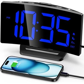 GOLOZA Digital Alarm Clock for Bedrooms, Digital Clock with Modern Curved Design, Conspicuous Blue LED Numbers, 5 Levels Brightness+Off, 2 Volume, 3 Alarm Tones, Snooze, Power-Off Memory, 12/24H