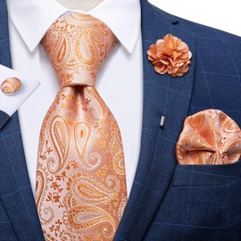 DiBanGu Orange Paisley Tie and Lapel Pin Set Mens Silk Woven Necktie Hankerchief Cufflinks Brooch Wedding Party