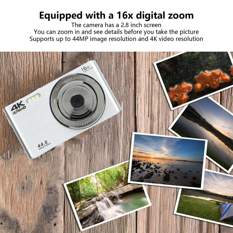 Digital Zoom Camera with 16x Powerful Zoom, 4K 44MP Full