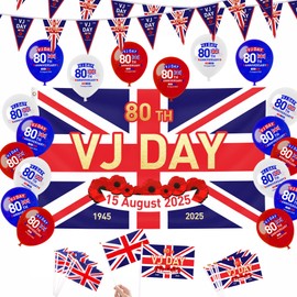 59Pcs VJ Day 80th Anniversary Flag Decorations Set - 150 x 90cm VJ Day Large Flag with 10m Bunting Flags Banner, 10Pcs Small Flags and 18 Balloons for 80 Years Victory In Japan 1945-2025 Decorations