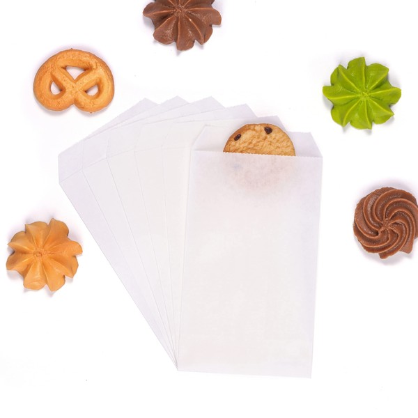 White Small Flat Greaseproof Paper Bags 3x5 for Bakery Cookies Treat Candies Dessert Chocolate Soap Wedding Tossing, Stamps, Party Favor, Pack of 100 by Quotidian (3’’ x 5’’)