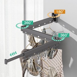 Tri Folding Clothing Rack with Extended Arm, Wall Mounted Clothes Drying Rack for Air Drying Clothing, Collapsible Retractable Clothes Hanger Rack for Laundry,Balcony, Bedroom (A, Black)