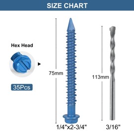 VGBUY 1/4x2-3/4 Inch 35PCS Hex Head Concrete Screws, Screws Anchor with Drill Bit,for Masonry, Block, Brick, Cement, Stucco, No Pre Drilling, Diamond Point