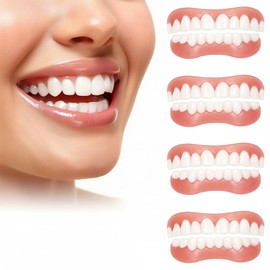 SPOKKI 4 Pairs False Teeth, White Dentures Comfortable Fake Teeth Covers with Thermal Beads Top and Bottom Instant Smile Veneers for Women Men Tooth Repair