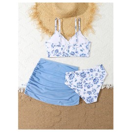 RoseSeek Girl's Swimsuits 3 Piece Floral Spaghetti Strap Wireless Swimwear with Ruched Beach Skirts Bathing Suits Blue and White 14Y