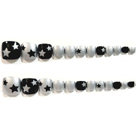 Sci-Fi Love Glossy Press-On Nails - 24 Pieces - Artificial Nail Kit (Black, Silver, Toenail)