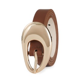 RISANTRY Genuine Leather Belt for Women Brown Leather With Smooth Oval Gold Metal Buckle Luxury Casual Fashion Belts