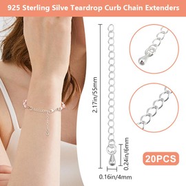 Beebeecraft 1 Box 20Pcs Bracelet Extender Chains Bulk 925 Sterling Silver Plated Brass Metal Tear Drop Charm Extension Curb Chains Tails for Jewelry Making Necklaces Bracelets DIY Crafts Supplies