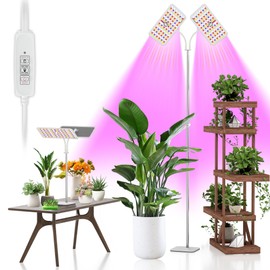 KINGPLUS Grow Lights with Stand, Double Head, Full Spectrum LED Grow Light for Indoor Plants, 240 Leds, 4 Dimmable Levels, Timer 4/8/12h, 12-60inches Height Adjustable, 36w, Ideal for Desk Small Plant