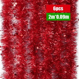 COLOFALLA 6 Pieces 2 Metre Christmas Tinsel Garland Red with Star Christmas Tree Christmas Garland Glitter Decoration for Christmas Party Christmas Tree Celebrations Wedding Carnival (Red)
