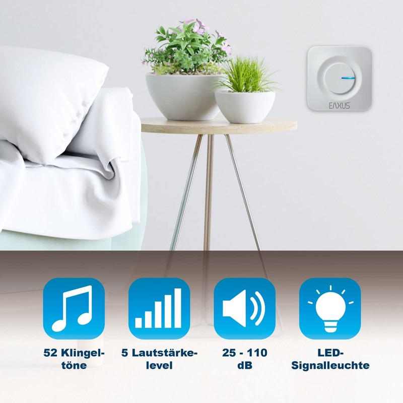 Eaxus® Wireless Doorbell, 52 Melodies, LED Display, IP56 Waterproof, for