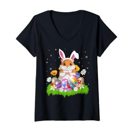 Womens Hamster Easter Egg Hunt Bunny Ear Hamster Easter Sunday V-Neck T-Shirt