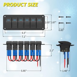 Joinfworld 6 Gang Rocker Switch Panel 12V Marine Boat Switch Panel Waterproof 12 Volt Blue LED Light Toggle Switch Panel ON Off with Pre-Wired for Boat Automotive Car Truck RV UTV