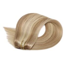 Hair Extensions Clip in Human Hair Dirty Blonde with Bleach Blonde Highlights Straight Human Hair Extensions 7 Pieces 70 Gram Silky Weft Remy Real Hair Extensions Clip on 20 Inch for Women