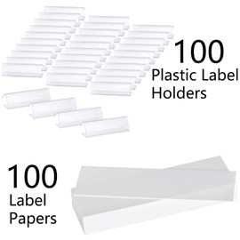 Hedume 100 Pcs Plastic Label Holder with 100 Pcs Label Inserts, 3" L x1" H Clear Plastic Shelf Label Holder, Shelf Sign and Ticket Holder, Clips On to Shelves 5/8" to 3/4" Thick