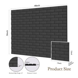 12Pack Acoustic Panels, Self-Adhesive 3D Brick Pattern Sound Proof Panels for Walls, Decorative Sound Dampening Wall Panels for Recording Studios, Offices, Home, 12"×12"×0.4", Black