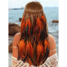 GORTIN Boho Feather Headband Hippie Headband Gypsy Feather Headpiece Indian Costume Headwear Hair Accessory for Women (C-Orange, One size)