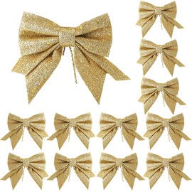 YUNSTK 12pcs Glitter Christmas Bows, Gold Bows for Christmas Tree, 5.5in Wreaths Bows Xmas Bow Decorations, Sequin Bow Ties Gold Christmas Bows for Xmas Tree Wreaths Garland Gift Wrapping Decor