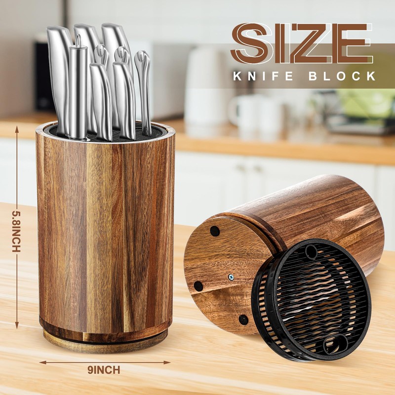 Hushee Wooden Knife Holder Block with Plastic Lid, 360° Rotating