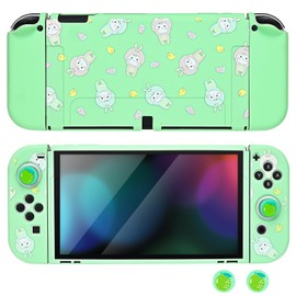DLseego Grip Case Controller for Switch OLED Console 2021, Anti-Slip Shock-Absorption Protective Soft Case with 2 PCS Comfortable Thumb Grips Caps for Joycon Controllers - Green