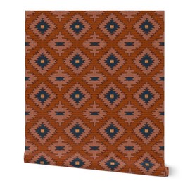 Removable Wallpaper 9ft x 2ft - Southwestern Rust Red Geometric Boho Bohemian Vintage Style Kilim Custom Pre-Pasted Wallpaper by Spoonflower