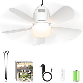 Gliztech Canopy Fan 20'', 20000mAh Portable Outdoor Ceiling Fan with Light with Remote Control and Extension Hook, Easy Operation Battery Powered Fan Light for Gazebo, Tent, Patio, Camping