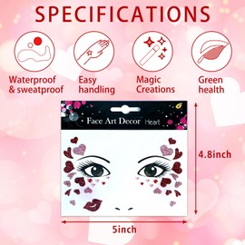Totelux Valentines Face Tattoos Stickers Glitter Face Jewels Sparkly Heart Lip Temporary Tattoo for Adult Kids Makeup Valentines Day Festive Cosplay Party Decoration Supplies Red Pink 2Pcs