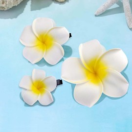 Hawaiian Flower Hair Clips,Artificial Tropical Flower Hairpins,3pcs Foam Plumeria Clips for Women Girls White Yellow Floral Hairpins for Bridal Wedding Party Beach Vacation Hair Accessories