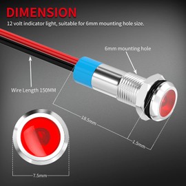 DaierTek LED Indicator Light 12V Waterproof Red Signal Light Waterproof 6MM 1/4" Metal 12 Volt Panel LED Indicator Signal Light Panel Mount Flat Head with Wires Silver Shell -3Pcs