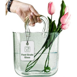 OLEEK Purse Vase for Flowers (Handmade) - 10 Inches Clear Glass Purse Vase - Cool & Cute vases for centerpieces, Fish Bowl - Unique Glass Handbag Flower vase Decorative - Wide Mouth Glass Purse