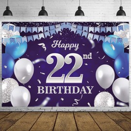 Happy 22nd Birthday Banner Backdrop Navy Blue Balloons Confetti Stripe Flag Light Spots Cheers to 22 Years Old Theme Decorations Decor for Women Men 22nd Birthday Party Bday Supplies Glitter Silver