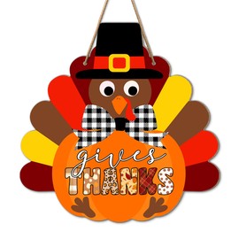 Give Thanks Thanksgiving Turkey Wooden Sign Wall Decor, Fall Thanksgiving Welcome Wood Hanging Door Signs Decorations for Home Office Kitchen Front Door