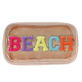 Bolsa de maquillaje transparente con letras de chenilla, parche para playa, maquillaje, bolsa de cosméticos para viajes en la playa, nailon y PVC, imp