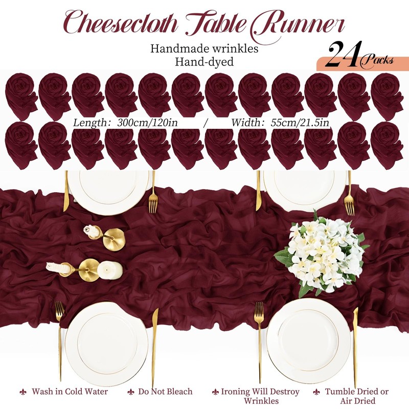 24 Packs Burgundy Cheesecloth Table Runner,10ft Wine Red Rustic Gauze