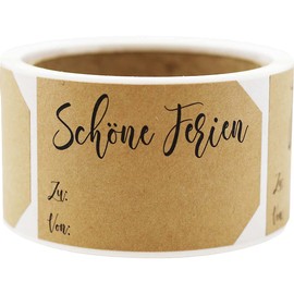 German Natural Brown Kraft Christmas Gift Tag Stickers – 2 x 3 Inch Holiday Labels, Roll of 100 – 4 Unique Festive Sayings, Eco-Friendly, Made in The USA