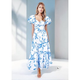 GOLDSTITCH Women's 2025 Boho Floral Maxi Dress Puffy Short Sleeve Cutout V Neck Casual Long Beach Dress Light Blue