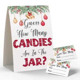 Christmas Party Games - How Many Candies Are In The Jar, 1 Standing Sign + 50 Cards, Christmas Party ideas, How Many Kisses Game, Christmas Party Games for Kids / CM001