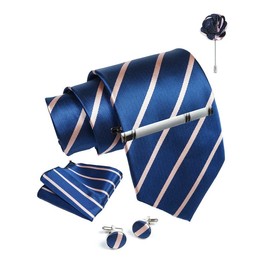 AXLON Blue Striped Ties For Men – Tie Set With Pocket Square Cufflinks Tie Clip Bar & Flower Brooch Pin For Mens (Pack of 5) (AXTS60)