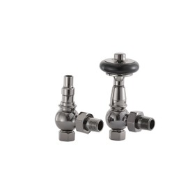 UK-28 BN Arroll traditional thermostsic radiator valve in Black nickel with FSC certified black wooden wheel head & lockshield